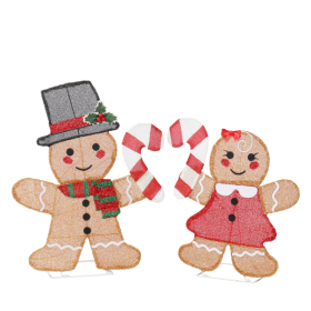 Set Of 2 Lighted Gingerbread Man And Candy Cane Christmas Decorations, Pre-lit 2D Holiday Decor With 80 Warm White LED Lights For Xmas Outdoor Indoor