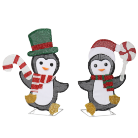 Set Of 2 Lighted Penguin And Candy Cane Christmas Decorations, Pre-lit 2D Holiday Decor With 80 Warm White LED Lights For Xmas Outdoor Indoor Decor Li