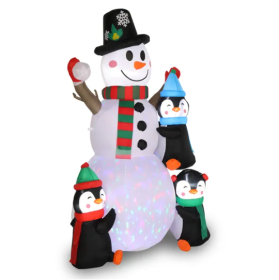 6ft With 3 Penguins, 4 Light Strings, 1 Colorful Rotating Light, Inflatable, Garden Snowman Decoration
