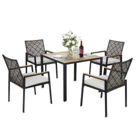 All Weather 5-Piece Patio Dining Table Sets, Patio Conversation Set Acacia Wood Table Top with Umbrella Hole, Rattan Outdoor, Coffee Brown Color