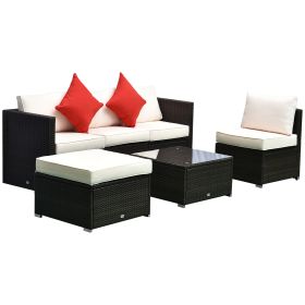 Outsunny 6-Piece White Rattan Couch Set, Outdoor Patio Wicker Furniture with Removable Cushions & Glass Coffee Table