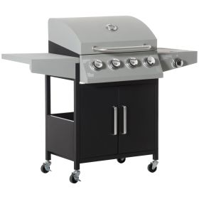 Outsunny 52" Barbecue Grill with Wheels, 4+1 Burner Liquid Propane Gas Grill, Outdoor Cabinet Style BBQ Trolley w/ Side Burner, Warming Rack, Sil