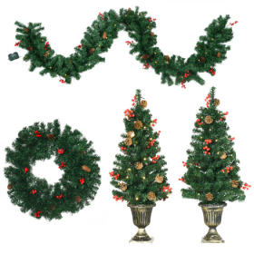 HOMCOM Prelit Holiday Christmas 4-Piece Set, Garland Wreath And Set Of 2 Entrance Trees With Warm White LED Lights, Red Berries, Pine Cones, Green (Color: Green)
